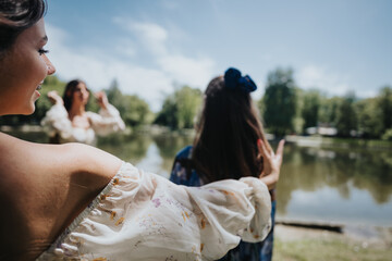 Two joyful sisters spending quality time together outdoors, embracing freedom and nature on a lovely spring weekend.