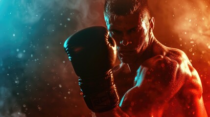 Close-up of man boxer with raised hand in victory gesture