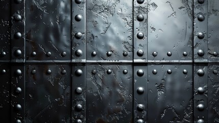 3D rendering of a dark metal wall with rivets.