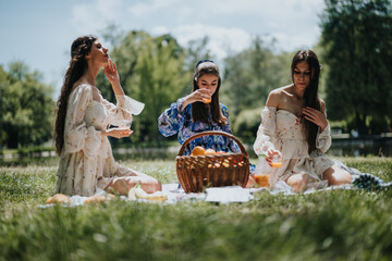 A captivating scene of three friends picnicking together in a sunny park, showcasing bonding,...