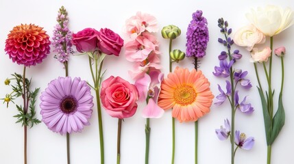 Obraz premium A variety of beautiful flowers in a row on a white background.