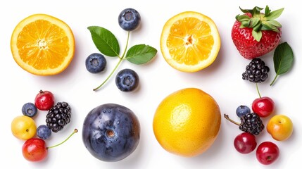 A variety of fresh fruits, including blueberries, strawberries, blackberries, and oranges.