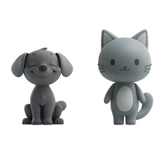 Naklejka premium Gray Dog and Gray Cat: Cute Pets Illustrated in 3D Cartoon Style Set, Isolated on Transparent Background, PNG