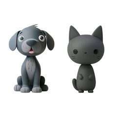 Set of 3D Cartoon Illustrated Cute Pets: Gray Dog and Gray Cat, Isolated on Transparent Background, PNG