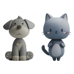 Naklejka premium Cute Pets in 3D Cartoon Illustration Style: Set of Gray Cat and Gray Dog, Isolated on Transparent Background, PNG
