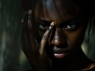 Serious African American Woman Close-Up, low light, intense gaze
