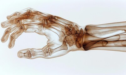 Xray side view of a hand stretching its fingers, clear bone outlines, detailed texture