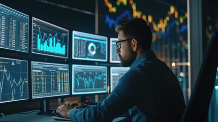 Investor sitting at night office while looking financial graph from desktop. Businessman analyzing stock market statistic chart while typing at keyboard and making decision for investment. AIG42.