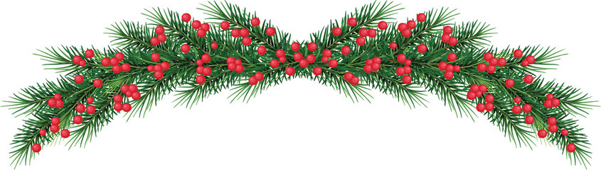 Christmas Garland With decorative red berries. Xmas. Christmas element, green leaves, pine trees on transparent, png