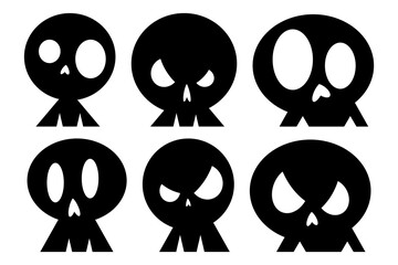 Funny skulls black silhouette icon set. Illustration for print, design and for Halloween. Vector isolated on white background.