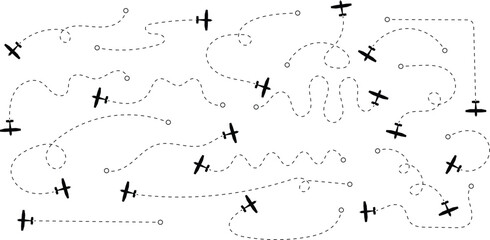 Set of Plane paths. Aircraft tracking, planes, travel, map pins, location pins. Vector Illustration.
