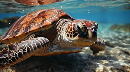 Fototapeta premium A sea turtle swims close to the sea bed in clear water, its flippers navigating the aquatic environment with ease - Generative AI