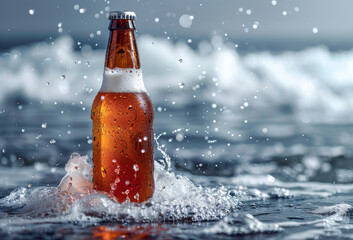 Refreshing Beer Bottle with Ice and Splashes