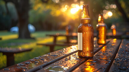Chilled Beer Bottle on Wooden Bar Table
