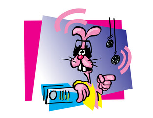 The rabbit podcast. Rabbit as the host of a popular radio show. Pink rabbit with headphones and microphone. Vector image for prints, poster and illustrations.