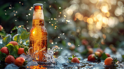 Sparkling Beer Bottle with Fresh Mint and Ice