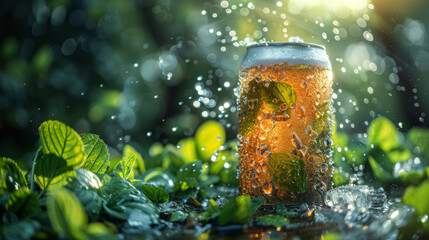 Dewy Beer Can in Lush Greenery