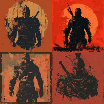 Silhouetted warrior illustrations in grunge style with medieval and modern armor. Dark red backgrounds, gritty textures, and heroic fighter poses with swords, guns, and helmets.