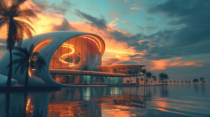 A modern building with a unique cylindrical design reflects on the calm water surface during a vibrant sunset, surrounded by palm trees - Generative AI