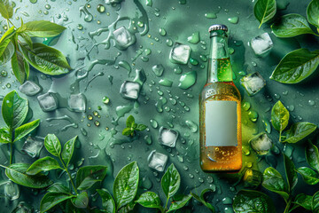Botanical Beer Bottle Composition with Ice