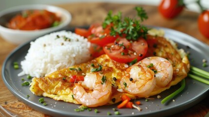 Creamy Omelet with Shrimps on Rice Recipe served Tomatoes