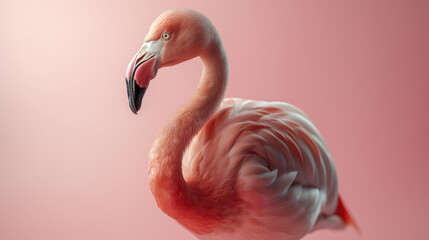 Naklejka premium A majestic pink flamingo gracefully stands on a soft pink background, exuding elegance and poise
