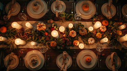 An aerial shot of a table set with elegant place settings and shimmering candlelight creating an...