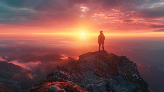 The photo shows a person standing on a mountaintop watching a beautiful sunset.