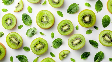 Green kiwis with mint leaves on white background.