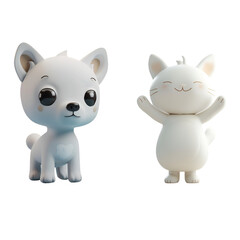 Naklejka premium 3D Cartoon Style Illustration of White Cat and White Dog: A Cute Pets Set, Isolated on Transparent Background, PNG
