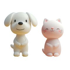 Cute White Cat and White Dog Set in 3D Cartoon Illustration Style, Isolated on Transparent Background, PNG