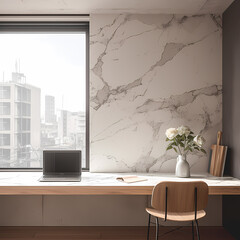 Elegant Home Office Setup Featuring Minimalist Marble Desk and Ergonomic Chair