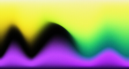 Abstract wavy gradient mesh with grainy texture. Yellow, green, and purple color gradation background. Fluid vibrant backdrop. Trendy and creative layout for landing page, poster, banner, or cover.