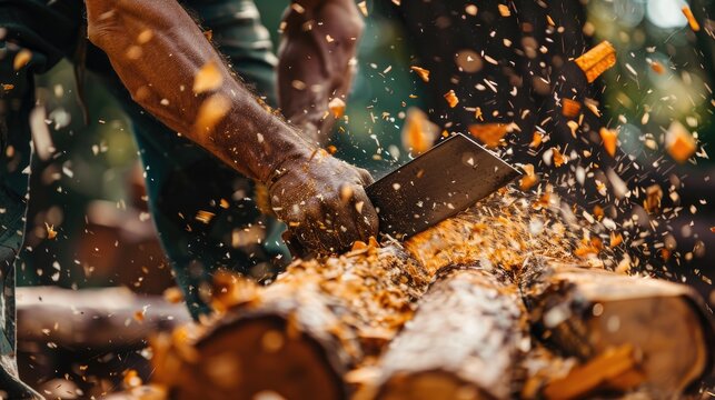 Cropped image of a Strong lumberjack chopping wood chips