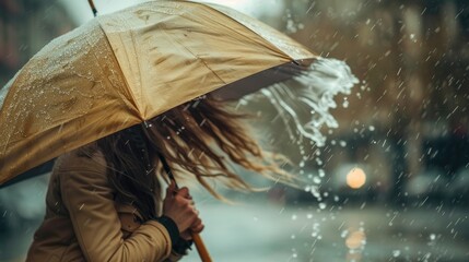 Cropped image of a womans hands as she tries to hold her umbrella 