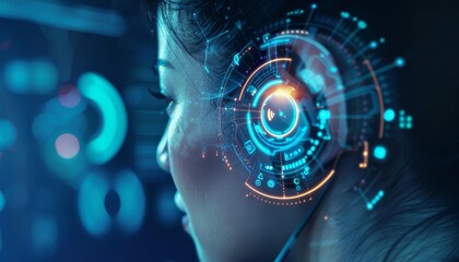 A closeup of an advanced biometric ear scan technology being used on a person wearing smart earphones