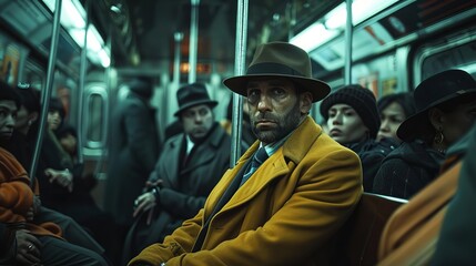 Obraz premium Show a tense moment in a subway car where a detective is secretly following a suspect among unsuspecting commuters