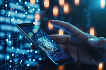 A computer user receiving a secure verification request on their smartphone, confirming identity with a fingerprint scan