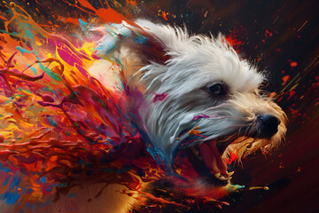A Maltese dog in full roar, charging forward with a fierce expression. The image is captured in a dynamic colours. Splashes and splatters around the Maltese dog
