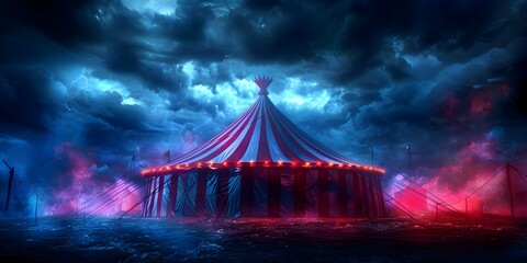 Dark circus tent with red and white stripes under ominous sky. Concept Circus Tent, Red and White Stripes, Dark Sky, Ominous Atmosphere