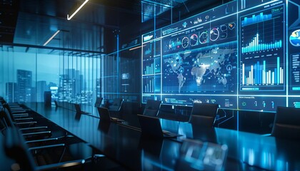 Naklejka premium A conference room during a presentation with an AI providing predictive analytics visualizations on a large screen
