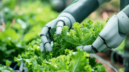 close up smart farming agricultural technology and smart arm robots harvesting vegetables