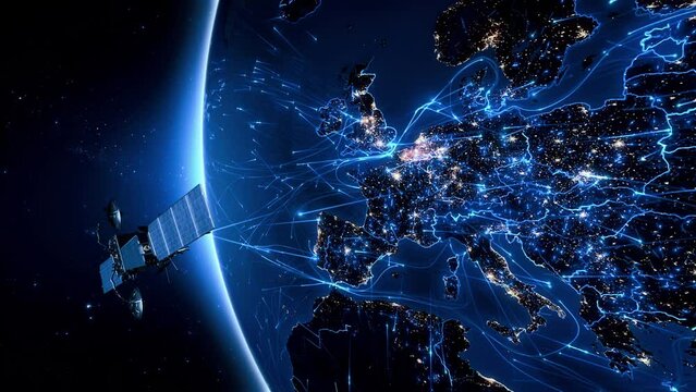 Animation of Satellite sending Signals to Europe. Planet Earth Rotating, Country Borders and City Lights Shining Brightly. Telecommunication, Internet and Surveillance Concepts.