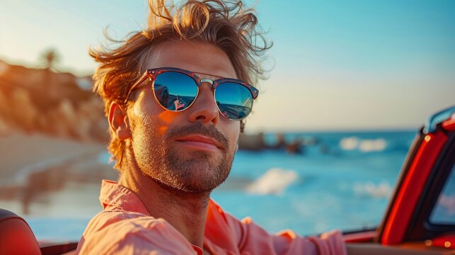 Man driving a convertible by the beach, wearing sunglasses, ocean view at sunset
