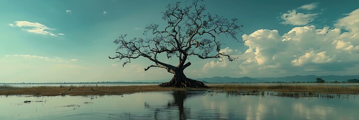 Leafless tree at late afternoon over a swamp in Sri Lanka realistic nature and landscape