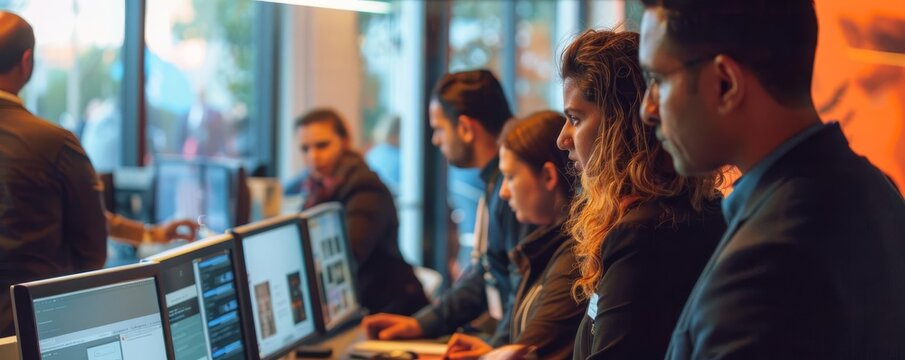 A cybersecurity training session in an office, with employees learning about phishing scams through interactive simulations
