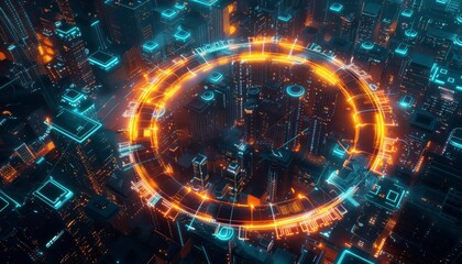 Obraz premium A digital fortress encircling a network of computers, glowing barriers representing firewall protection against cyber threats