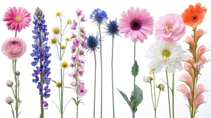 The image shows a variety of flowers in full bloom against a white background.bouquet of flowers