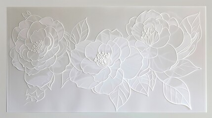 Tone-on-tone, bas relief depiction of camellia in white