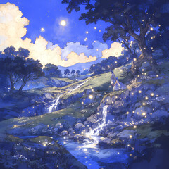 Starry Night in an Enchanted Forest – Fantasy Illustrated Landscape with Mystical Atmosphere